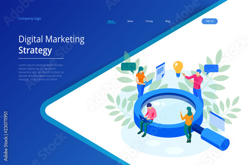 Isometric Digital marketing strategy web banner concept. Analysis data cloud and Investment landing page. Media Technology.