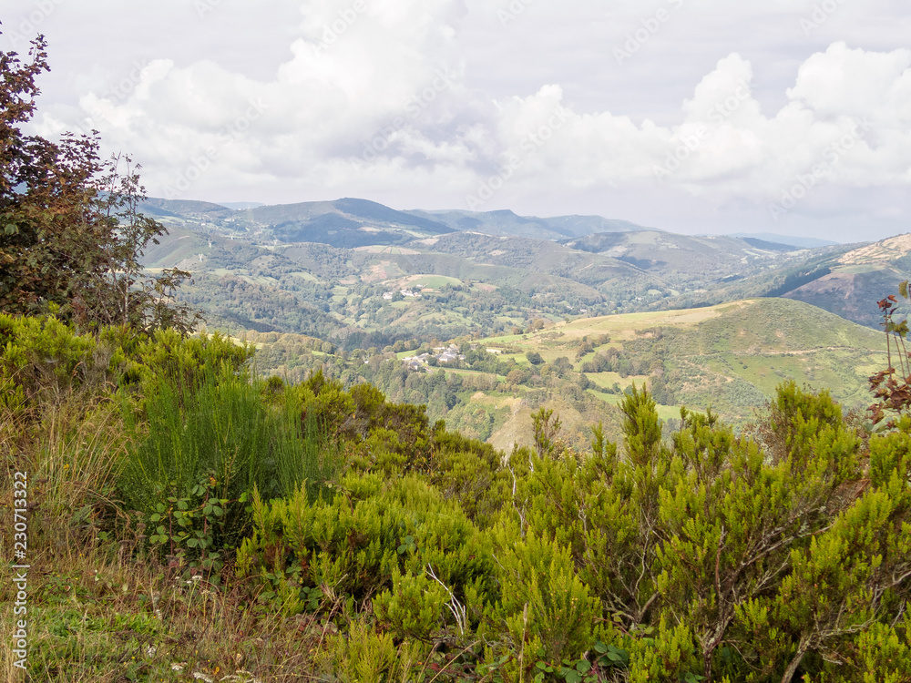 First glimpse of the Galician countryside on the Camino - O`Cebreiro, Galicia, Spain