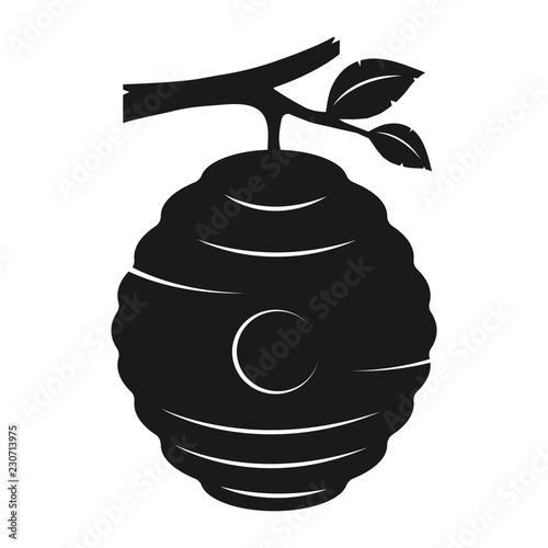 Simple, flat beehive hanging from a branch illustration. Black silhouette  design. Isolated on white Stock Vector | Adobe Stock