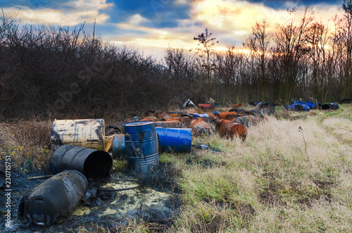 Barrels of toxic waste in nature