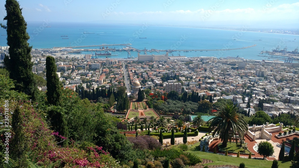 Haifa bay, Haifa downtown and the Bahai shrine are seen from the Bahai Gardens, in Israel.