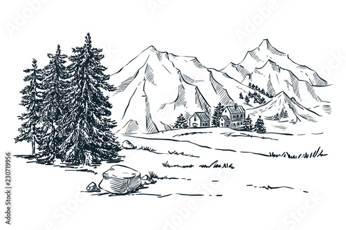 Mountains, spruce and pine trees landscape, vector sketch illustration. Hand drawn winter hills and forest.