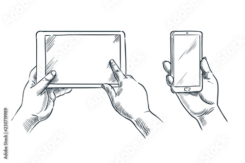 Hands hold smartphone and tablet, vector sketch illustration. Mobile phone empty screen. Business communications concept