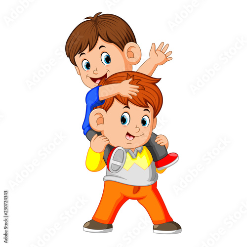  a happy little boy carrying her brother 