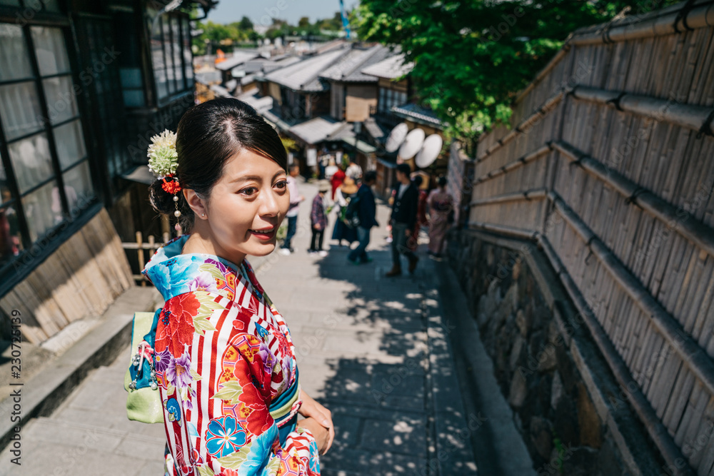 joyful tourist with kimono visiting Sannen street joyful tourist with kimono visiting Sannen street