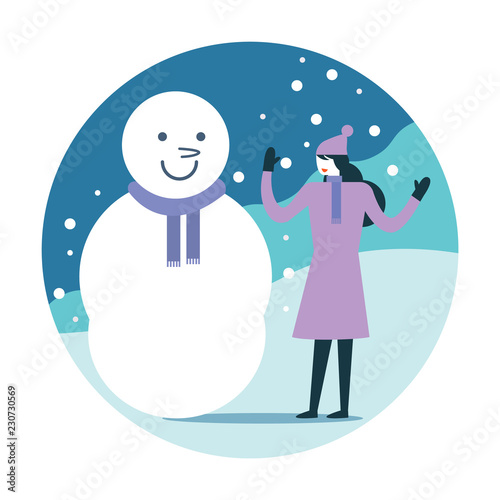 Woman making a snowman. Winter activity. flat icon design. vector illustration