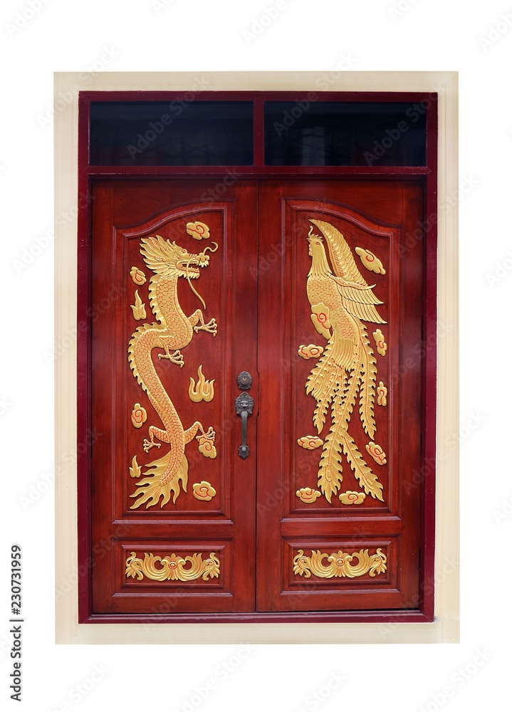 chinese traditional door with dragon and swan