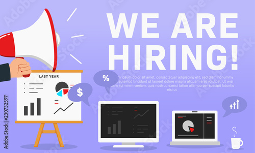 We are hiring accountant analyst. Recruitment poster ads illustration for accountant and data analyst