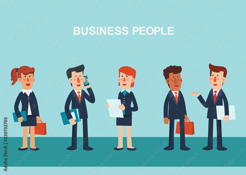 Young businessmen and business women talking and discussing. Vector illustration of business characters