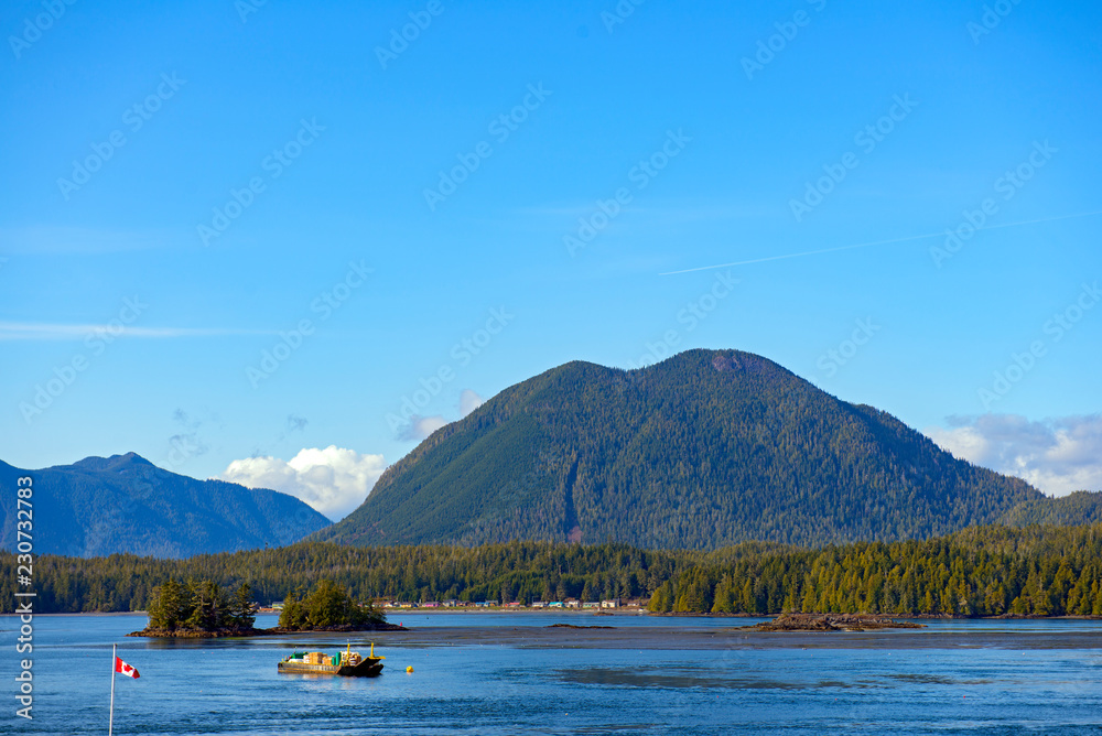 Shoreline of Meares Island and hill tops in Tofino, Vancouver Island