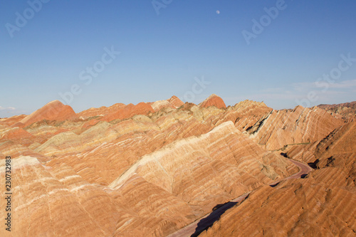 Rainbow Mountains in Zhangye Danxia Landform Geological Park  Gansu Province  China. Layers of different colored sandstone and minerals were pressed together and then buckled up by tectonic plates.