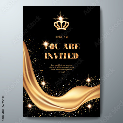 VIP invitation template with golden crown and smooth fabric on black background