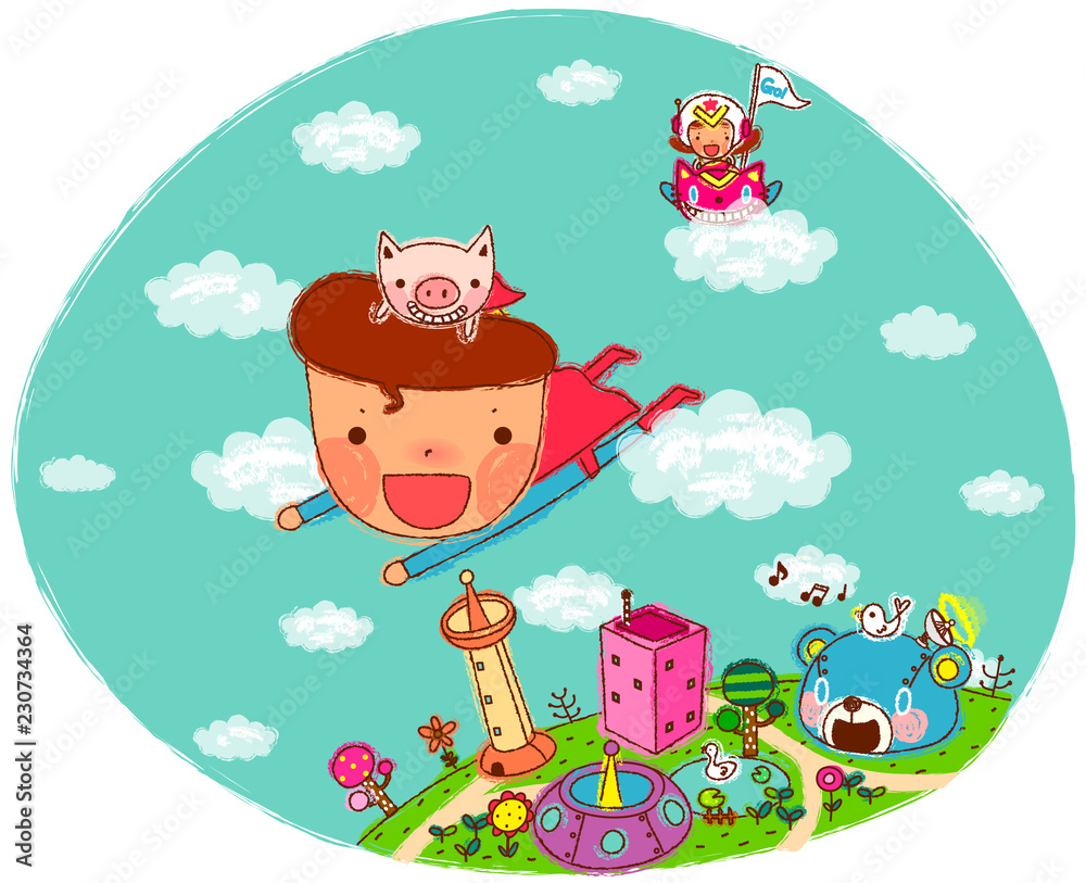 Fototapeta premium Superhero flying over buildings