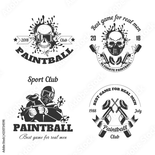 Paintball game sport club logo templates of gamer shooting target or paint ball gun