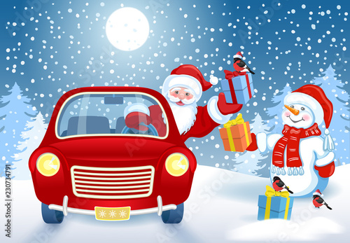 Christmas card with Santa Claus in red car with gift box and Snowman against winter forest background