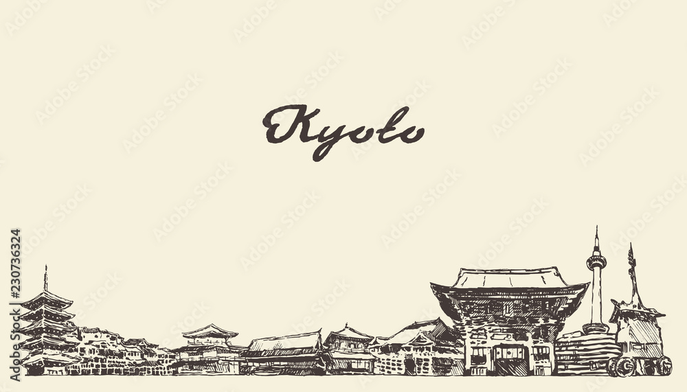 Naklejka premium Panoramę Kioto, Japonia szkic wektor miasta