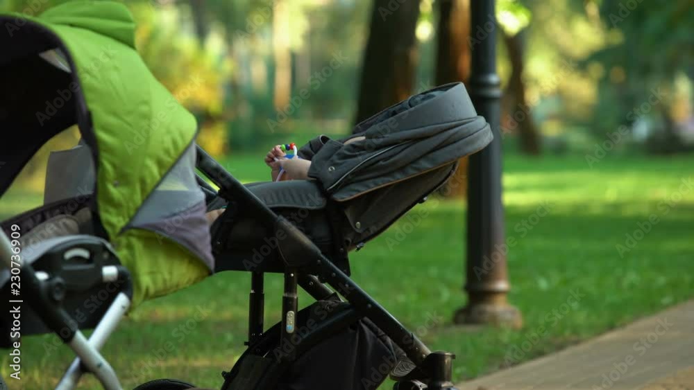 Baby in stroller plays rattle, social support after childbirth, population Baby in stroller plays rattle, social support after childbirth, population