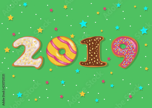 Happy New Year 2019. Artistic colorful number as sweet donuts with cream decor. Green background with colorful stars and snowfall. Vector Illustration
