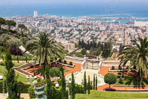 city view from the top of the Bahai gardens in Haifa in Israel