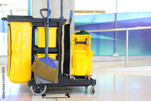 Closeup of cleaning equipment and tools for floor cleaning at the airport. 