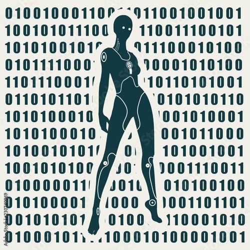 Humanoid robot silhouette. Robotics industry relative image. Binary code on backdrop