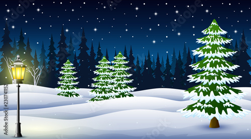 Cartoon of winter night background with pine trees and street lamp at night