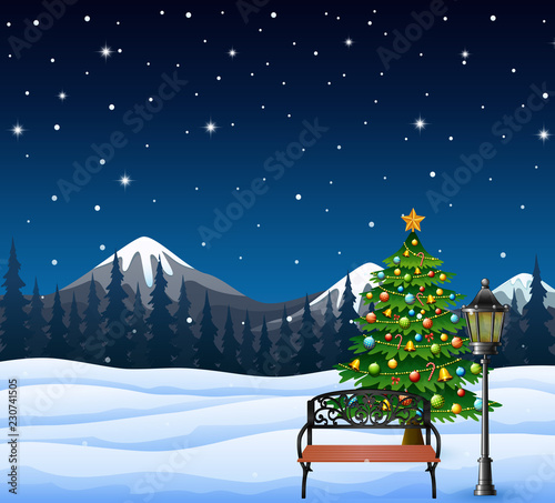 Cartoon of christmas tree decorated and bench with a mountain background