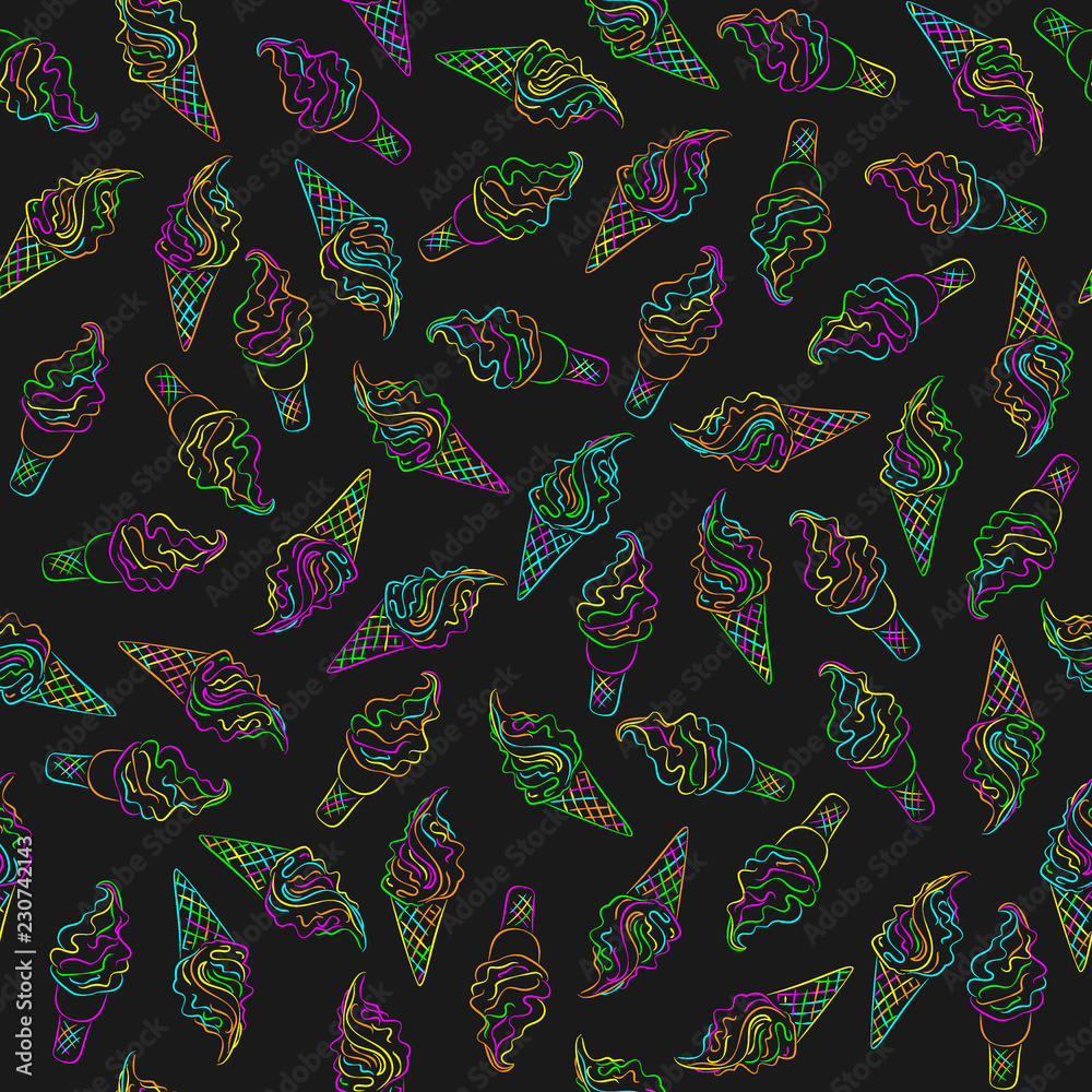 Neon colors ice cream on black seamless pattern Neon colors ice cream on black seamless pattern