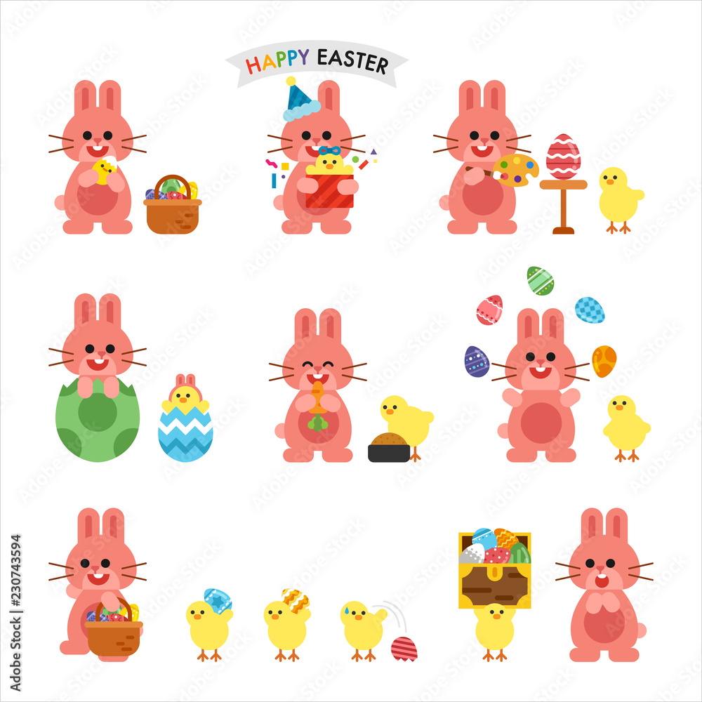 Naklejka premium happy easter celebration rabbit character set. flat design style vector graphic illustration