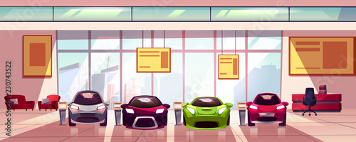 Vector car showroom - new auto dealership in big room. Hall with shop window, glass showcase. Urban business, sale of vehicles, sport transport. Car rental agency interior, horizontal banner