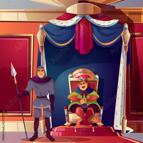 Vector throne room with king and his severe guard. Background with castle hall, royal canopy with fur. Interior of ballroom with armed security. Luxury medieval palace for game backdrop.