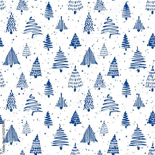 Christmass tree seamless pattern. Hand drawn doodle sketch drawing with ink.