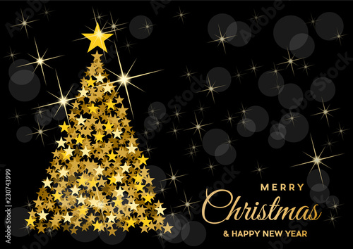 Christmas tree, vector postcard or greeting. Golden stars, wealth and prosperity concept.