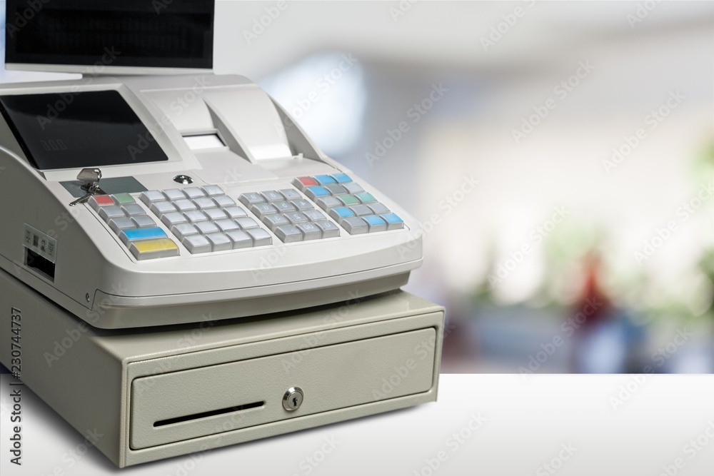 Cash register with LCD display on background Cash register with LCD display on background