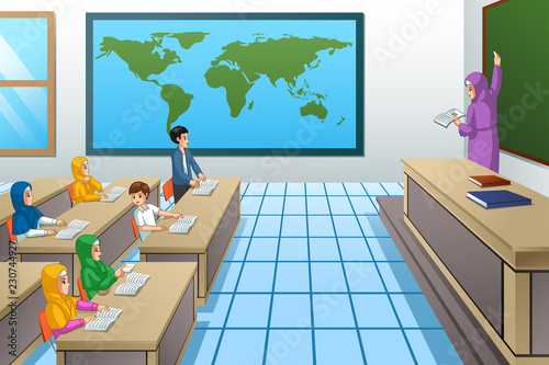 Muslim Students and Teacher in Classroom Illustration