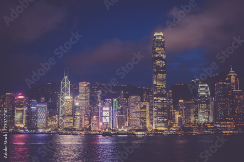 Hong Kong - August 13, 2018: Evening streets of Hong Kong famous harber