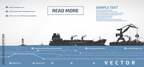 Dry cargo ship on the pier and port cranes loaders, infographics. photo