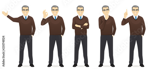 Business man set different gestures isolated vector illustration