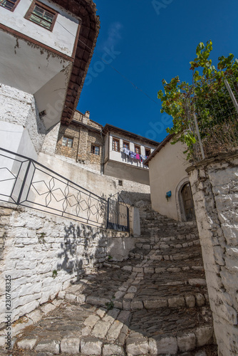 Old town Berat  historic city in the south of Albania.Tiny stone streets with white stone houses built in ottoman style. also called city of a thousand windows. World Heritage Site by UNESCO