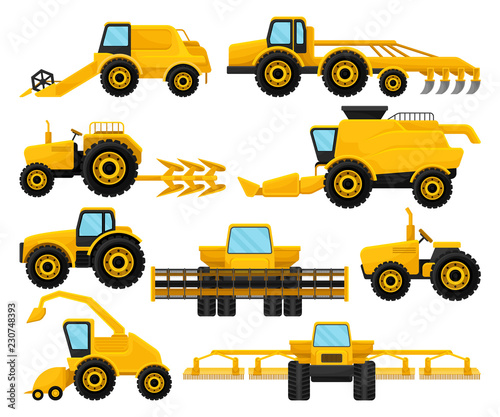 Flat vector set of different agricultural machinery. Yellow tractors and combine harvesters. Farm equipment for work on field