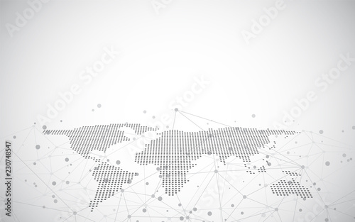 World map on a technological background, glowing lines symbols of the Internet, radio,global business.