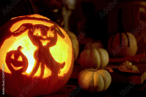 Cute fun Halloween Jack o'lantern carved pumpkin with smiling pet design little dog in candlelight with smaller pumpkins next to it indoors