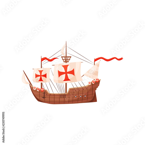 Old wooden ship with shields and sails with red crosses, symbol of Knights Templar. Medieval water transport. Flat vector icon