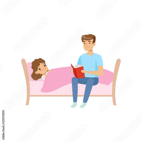 Father reading bedtime story for his daughter who is falling asleep at night vector Illustration on a white background