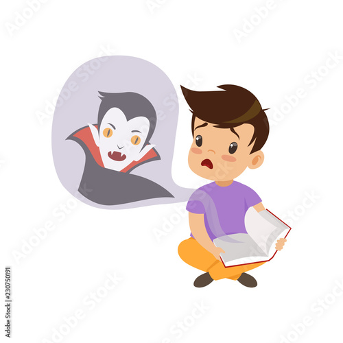 Cute little boy reading a scary book about vampires, kids fabulous imagination concept vector Illustration on a white background