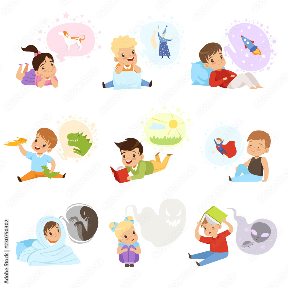 Children reading books and dreaming, kids imagination and fantasy concept vector Illustration on a white background Children reading books and dreaming, kids imagination and fantasy concept vector Illustration on a white background