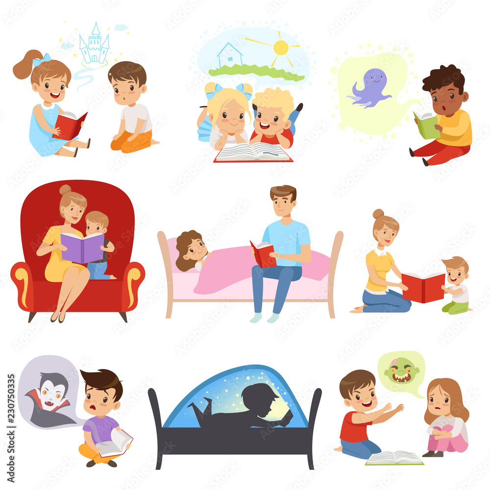 Children reading books and dreaming, parents reading bedtime stories for their kids, imagination and fantasy concept vector Illustration on a white background