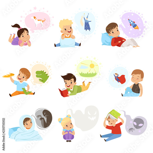 Children reading books and dreaming, kids imagination and fantasy concept vector Illustration on a white background