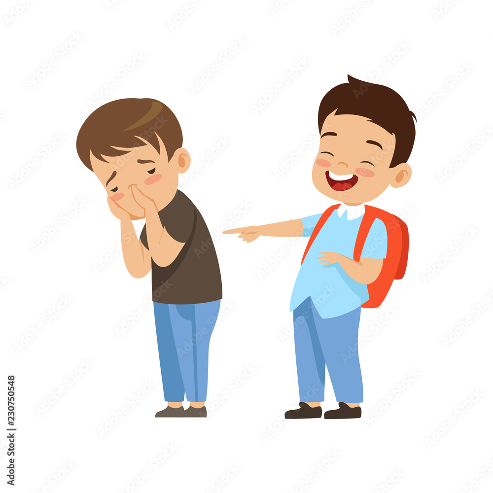 Classmate laughing and pointing at sad boy, bad behavior, conflict between kids, mockery and bullying at school vector Illustration on a white background Classmate laughing and pointing at sad boy, bad behavior, conflict between kids, mockery and bullying at school vector Illustration on a white background