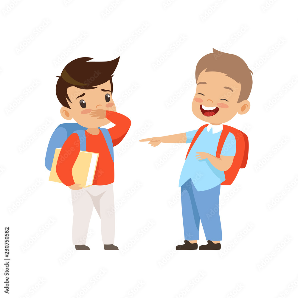 Classmate mocking and pointing at boy, bad behavior, conflict between kids, mockery and bullying at school vector Illustration on a white background